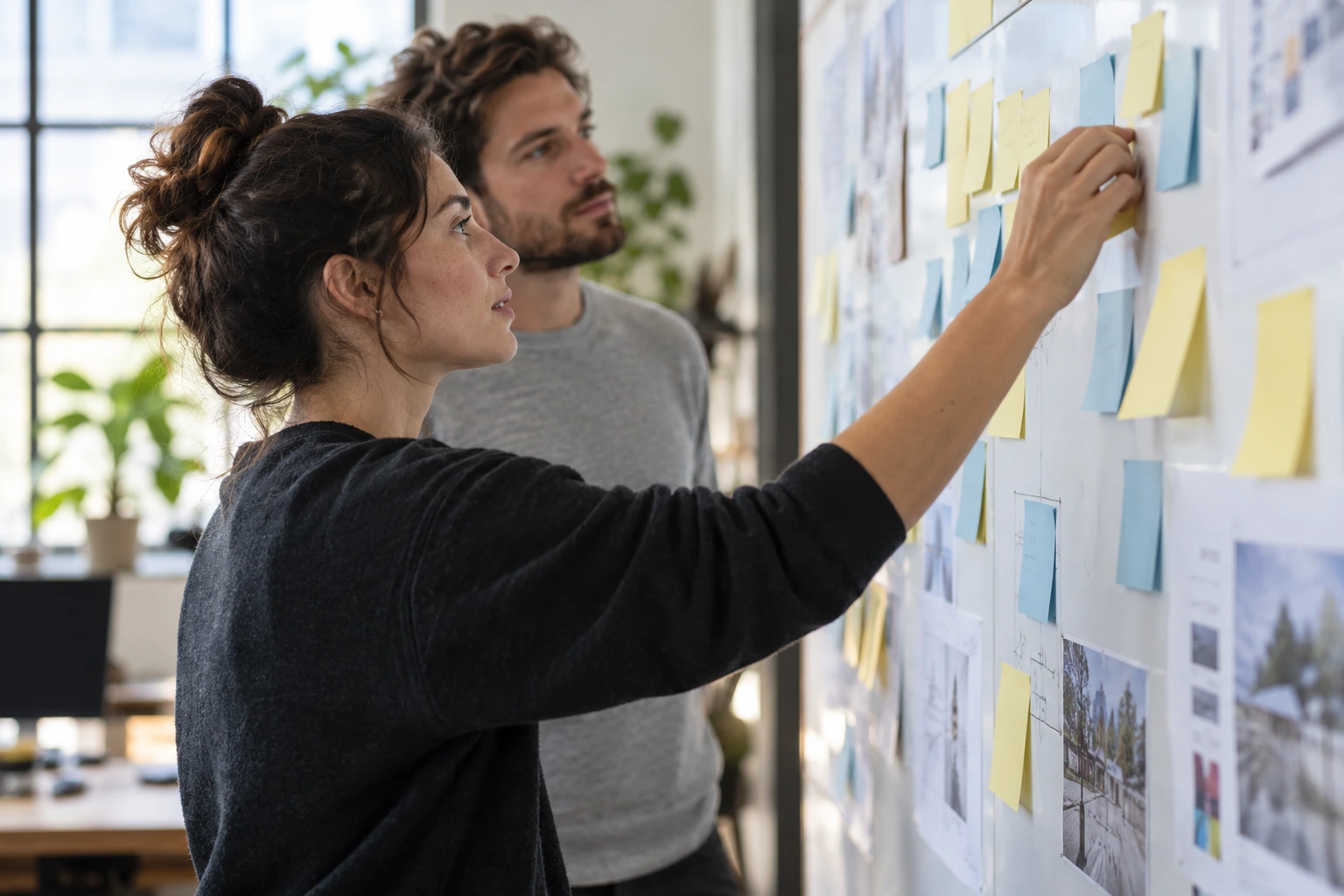 Two colleagues arranging sticky notes on a planning board