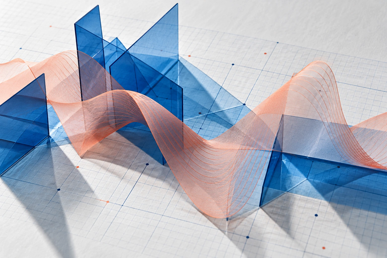 Translucent blue sheets and coral paper curves layered over graph paper