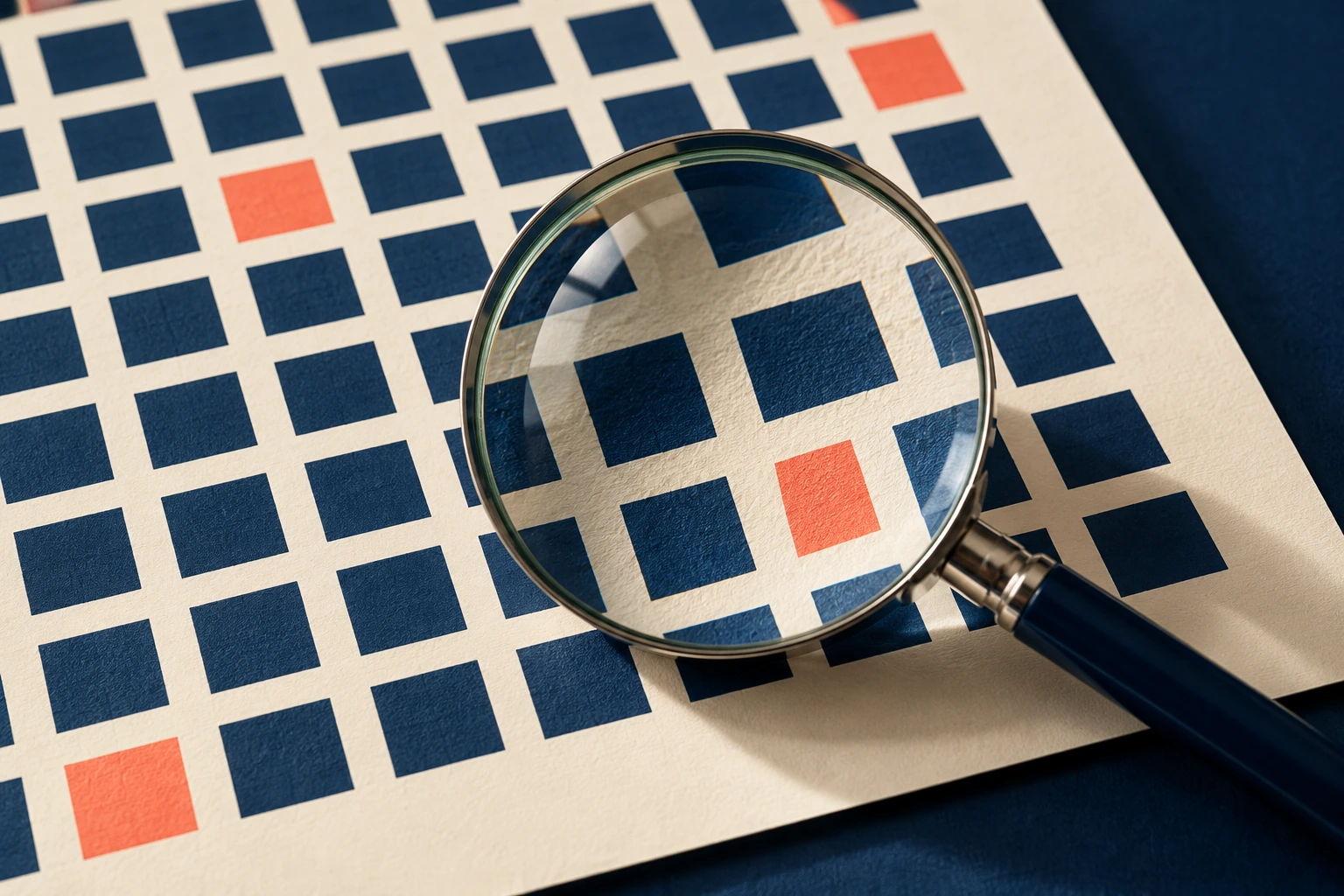 Optical lens enlarging a test matrix with contrasting anomaly markers