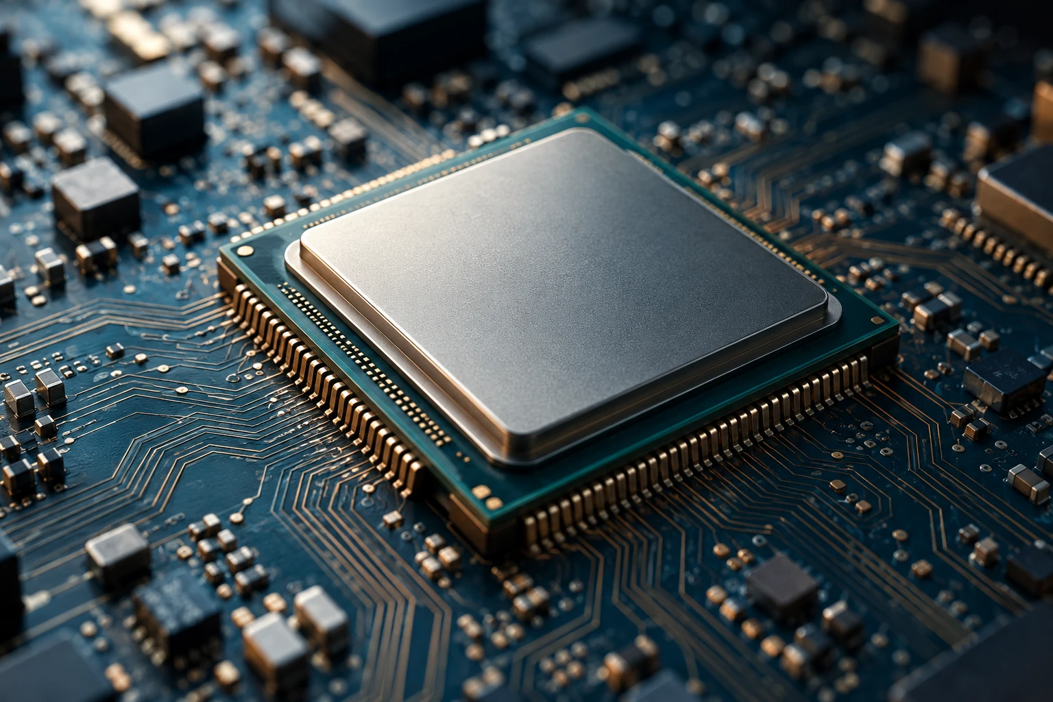 Close-up of a processor and detailed copper pathways on a circuit board