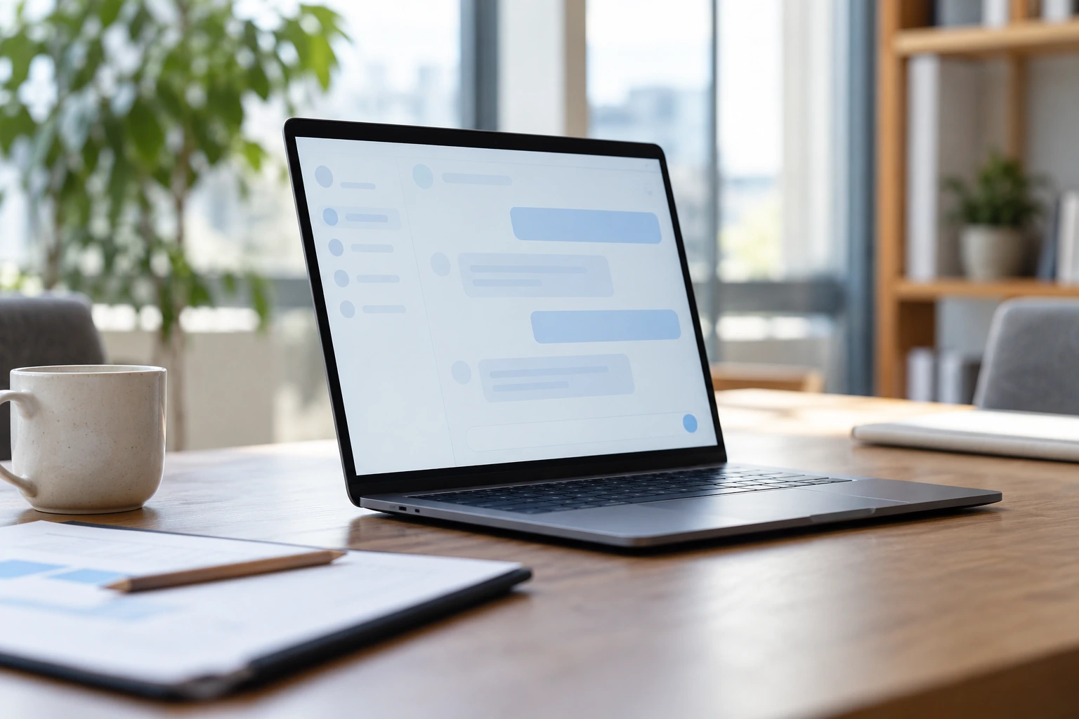 Laptop with a conversational assistant interface beside meeting notes