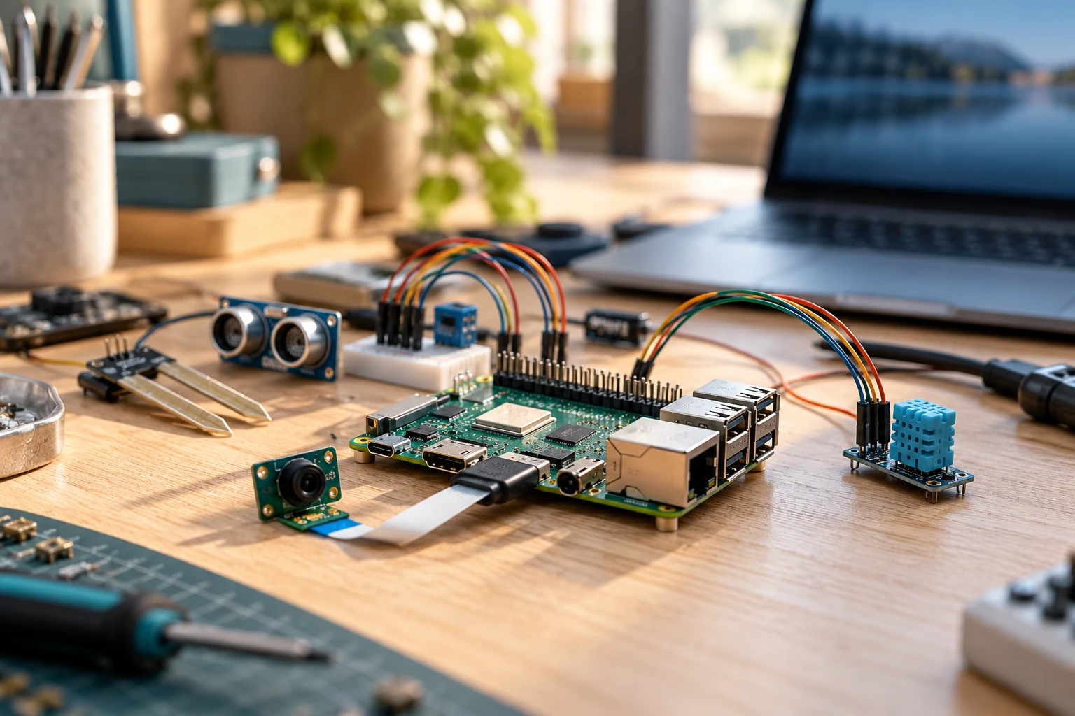 Connected sensors and a compact circuit board on an electronics workbench