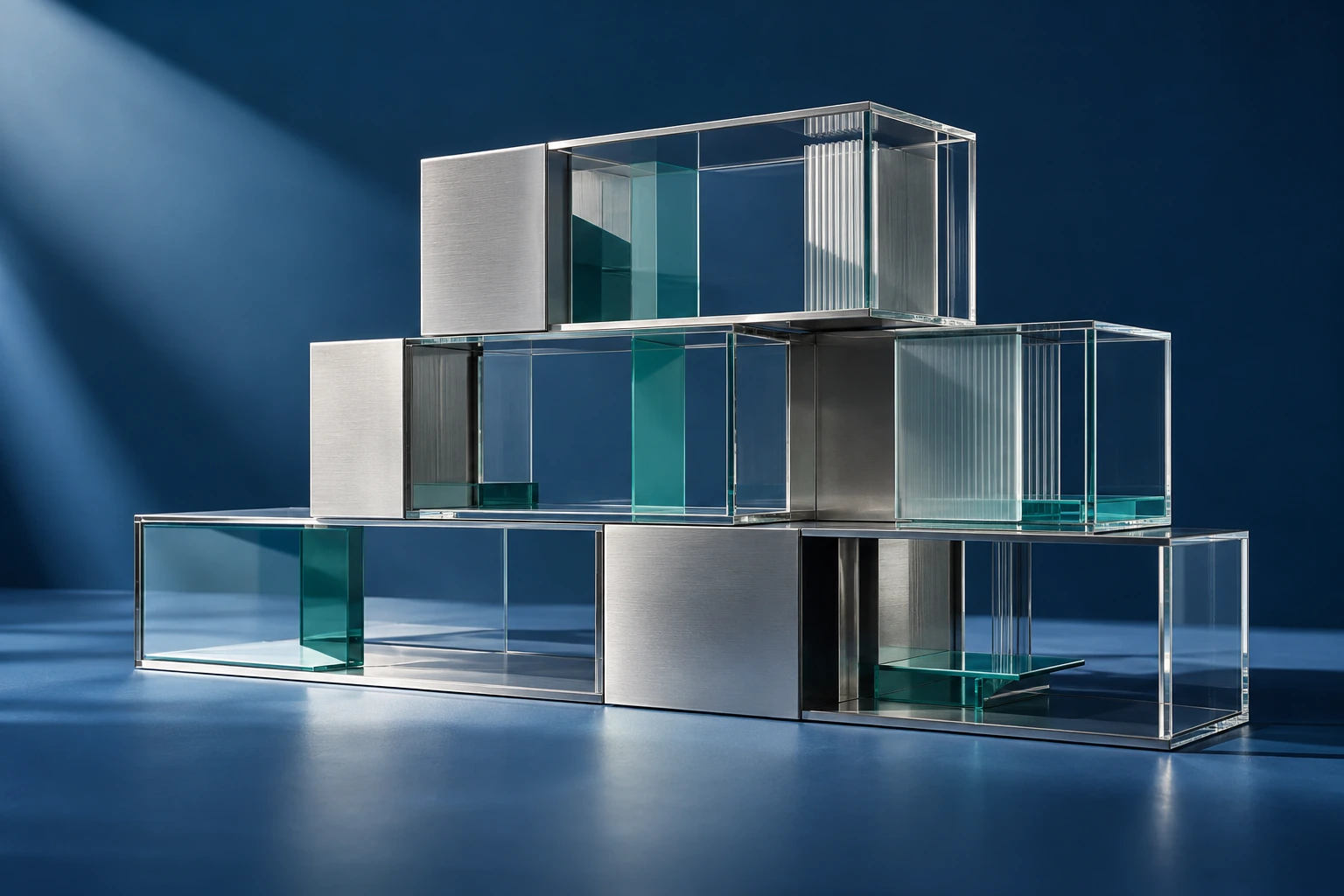 Architectural arrangement of glass and aluminium modules representing orchestration