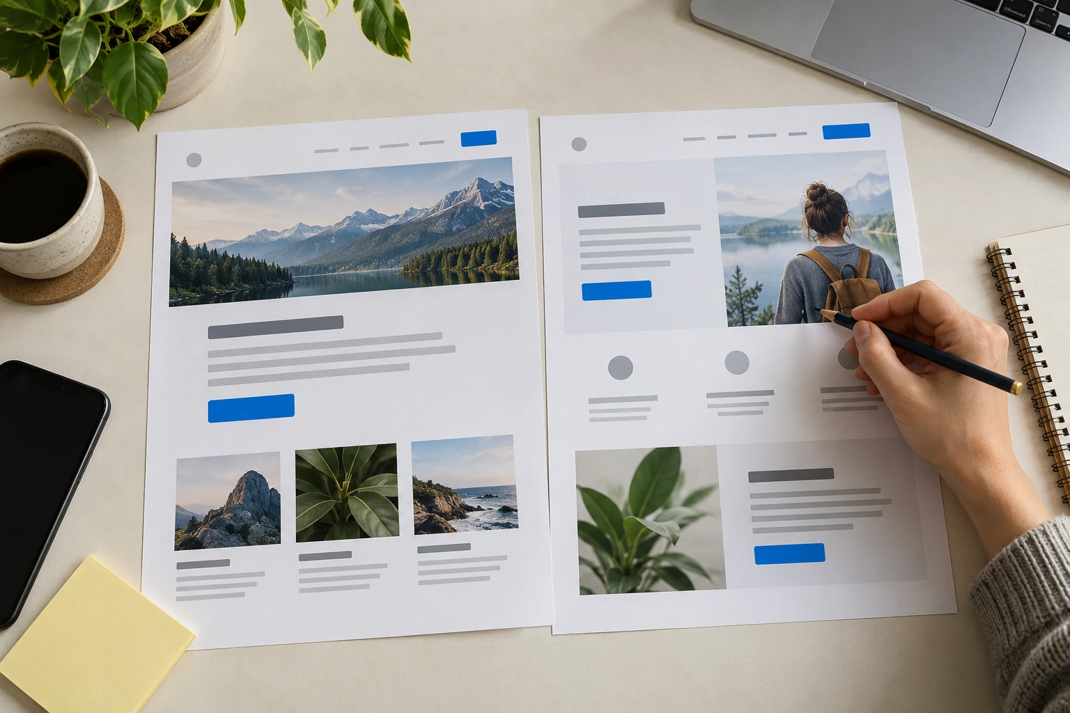 Two printed website layouts being compared during a design review