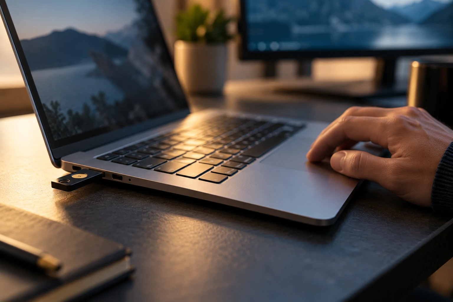 Physical security key connected to a laptop on a desk