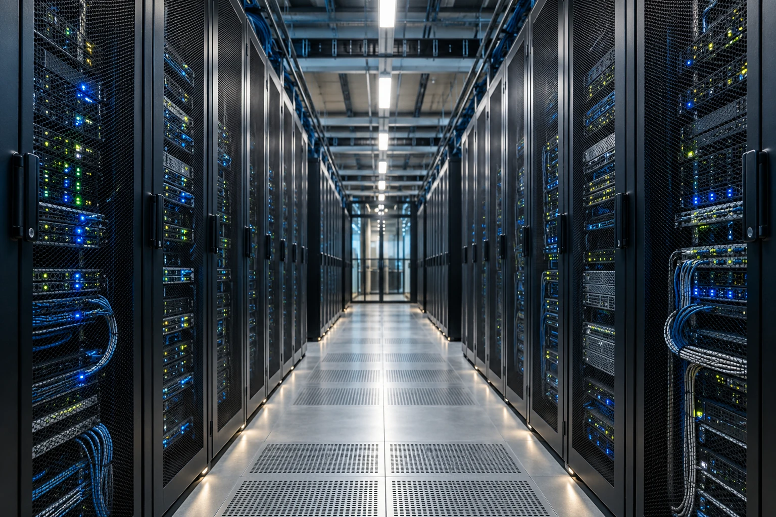 Rows of server cabinets in a modern data centre