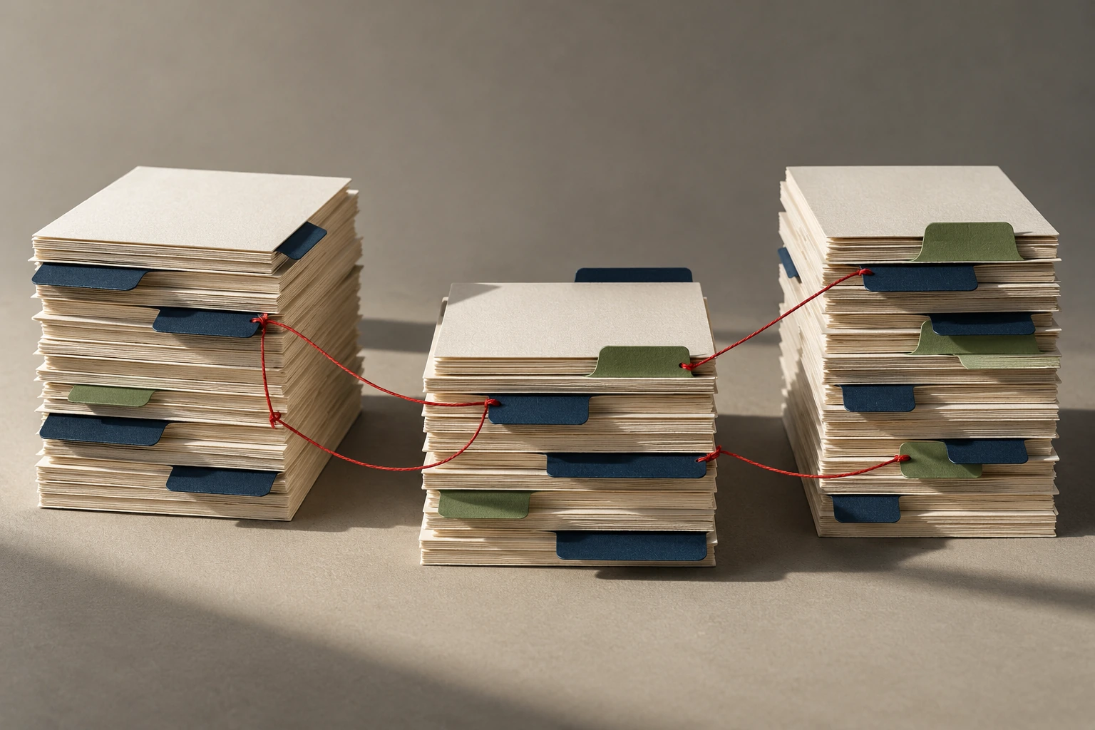 Layered index-card stacks linked by fine thread to represent data relationships