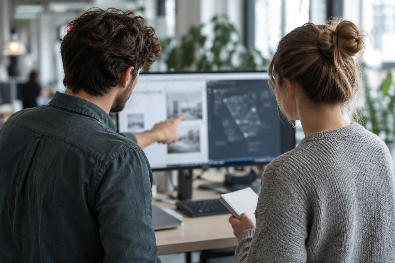 Two engineers reviewing a monitor together at a standing desk