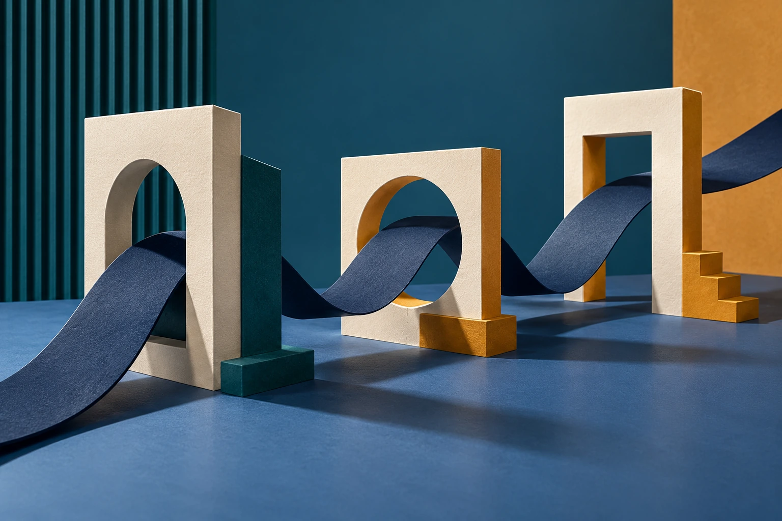 Continuous navy paper ribbon passing through three architectural gateways
