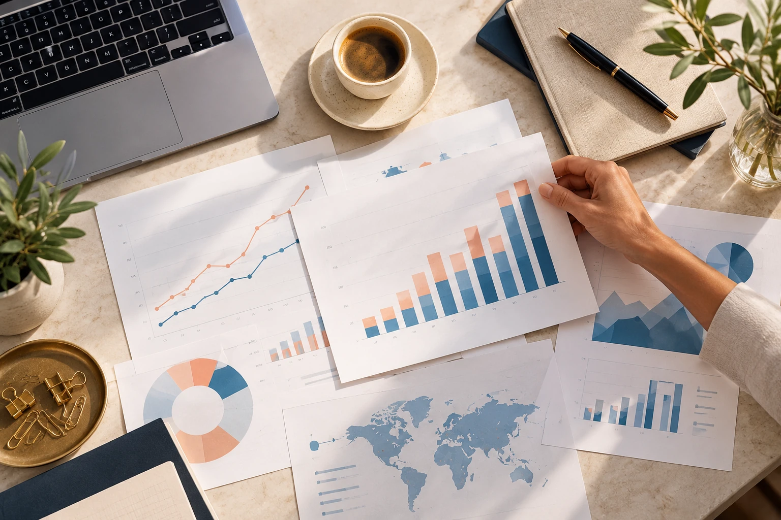 Printed marketing charts and a planning notebook arranged on a desk