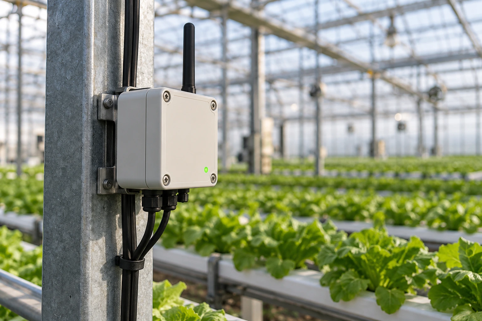 Sensor gateway installed beside rows of plants in a greenhouse