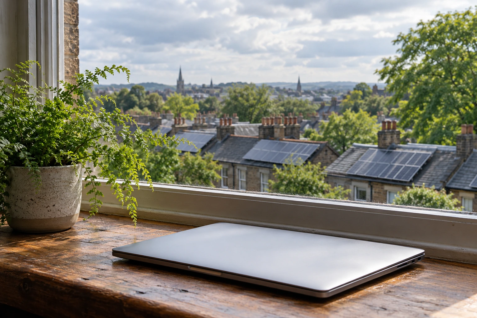 Laptop and fern beside a window overlooking rooftop solar panels