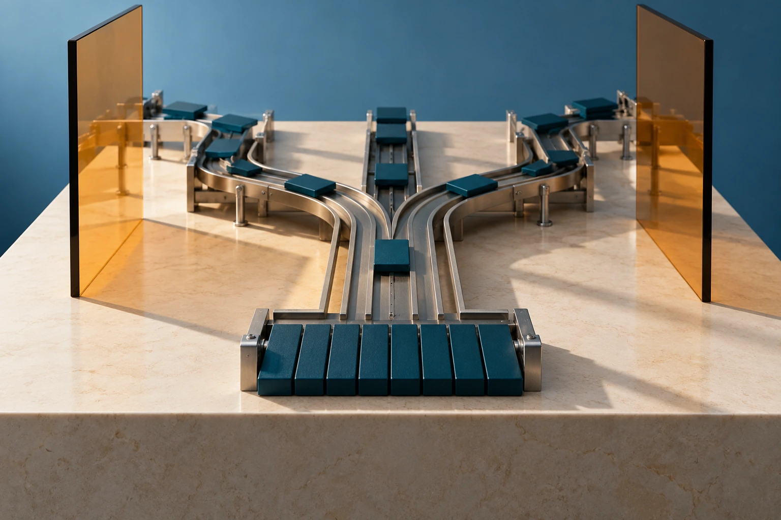 Metal tracks aligning teal pieces into an orderly row