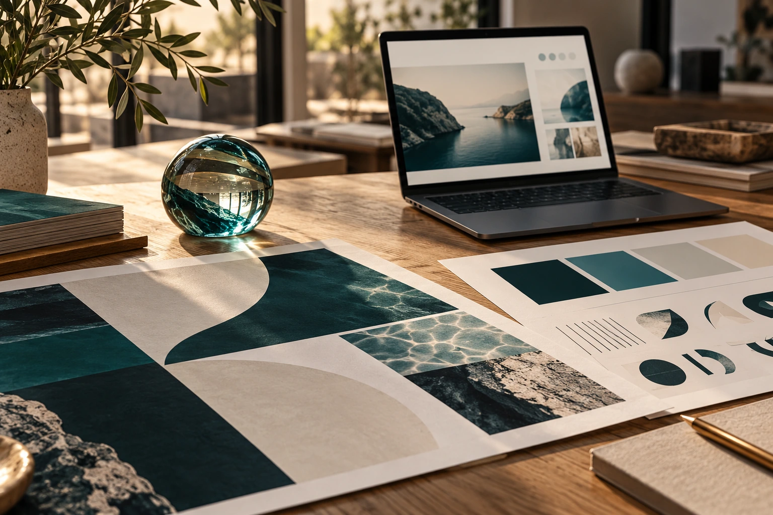 Designer workspace with colour studies, printed layouts and a laptop