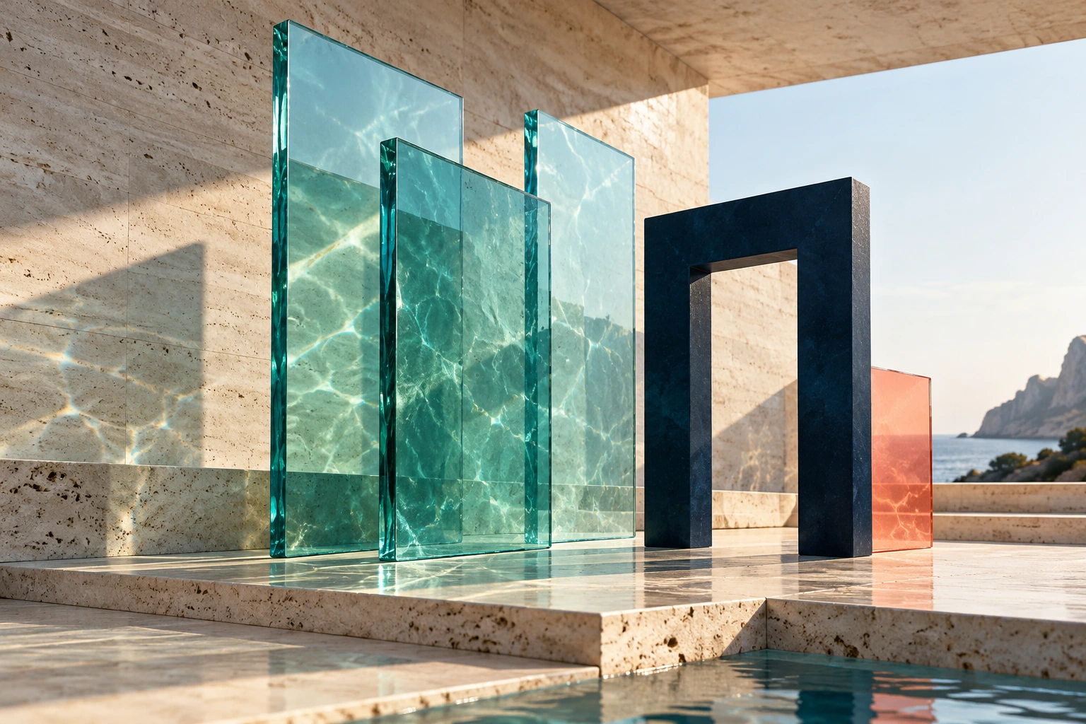 Translucent aqua glass planes and a navy architectural frame