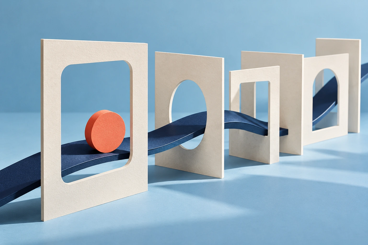 Coral disc and navy paper track passing through layered browser-like frames