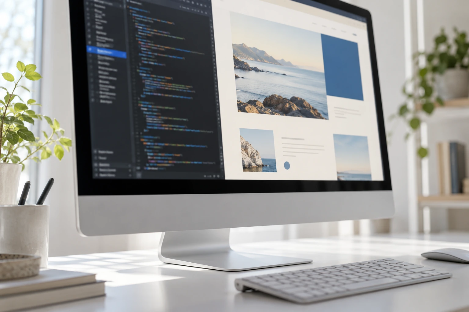 Desktop monitor showing a website prototype beside browser development tools