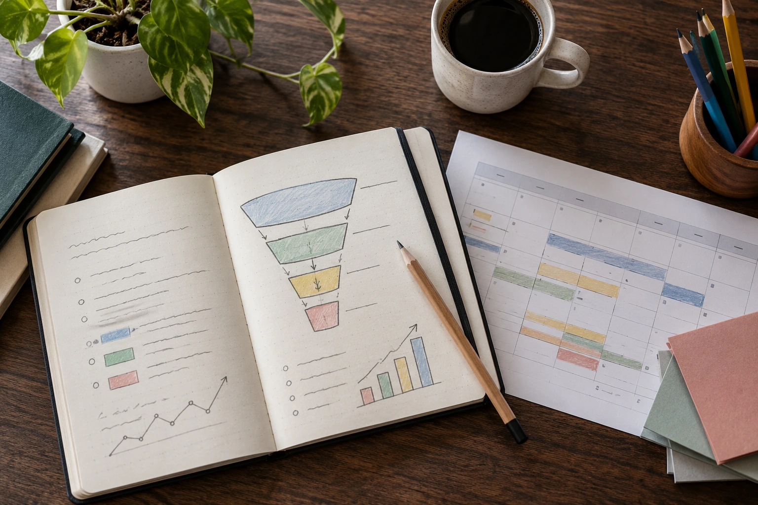 Marketing planning notebook, campaign calendar and pencils on a walnut desk