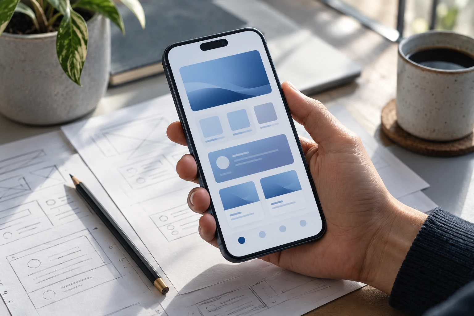 Hand holding a smartphone with a mobile interface prototype