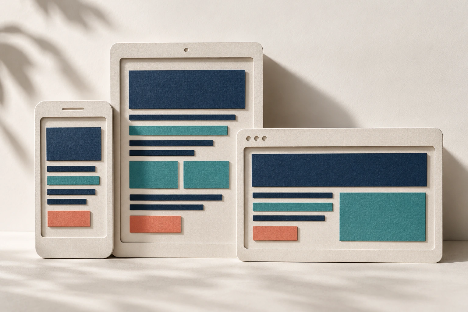 Layered paper layouts representing phone, tablet and desktop screen sizes