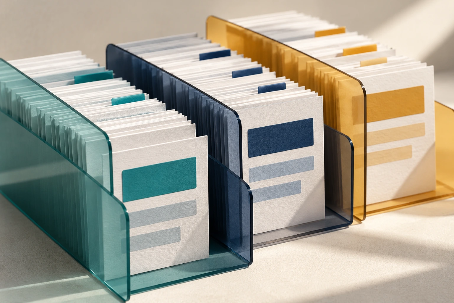 Layered document cards with coloured fields arranged into database-like groups