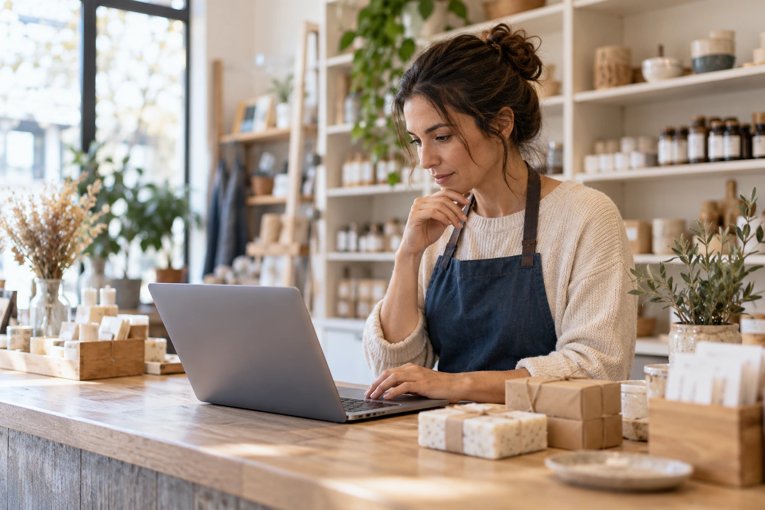 Small-business owner reviewing a laptop at a shop counter