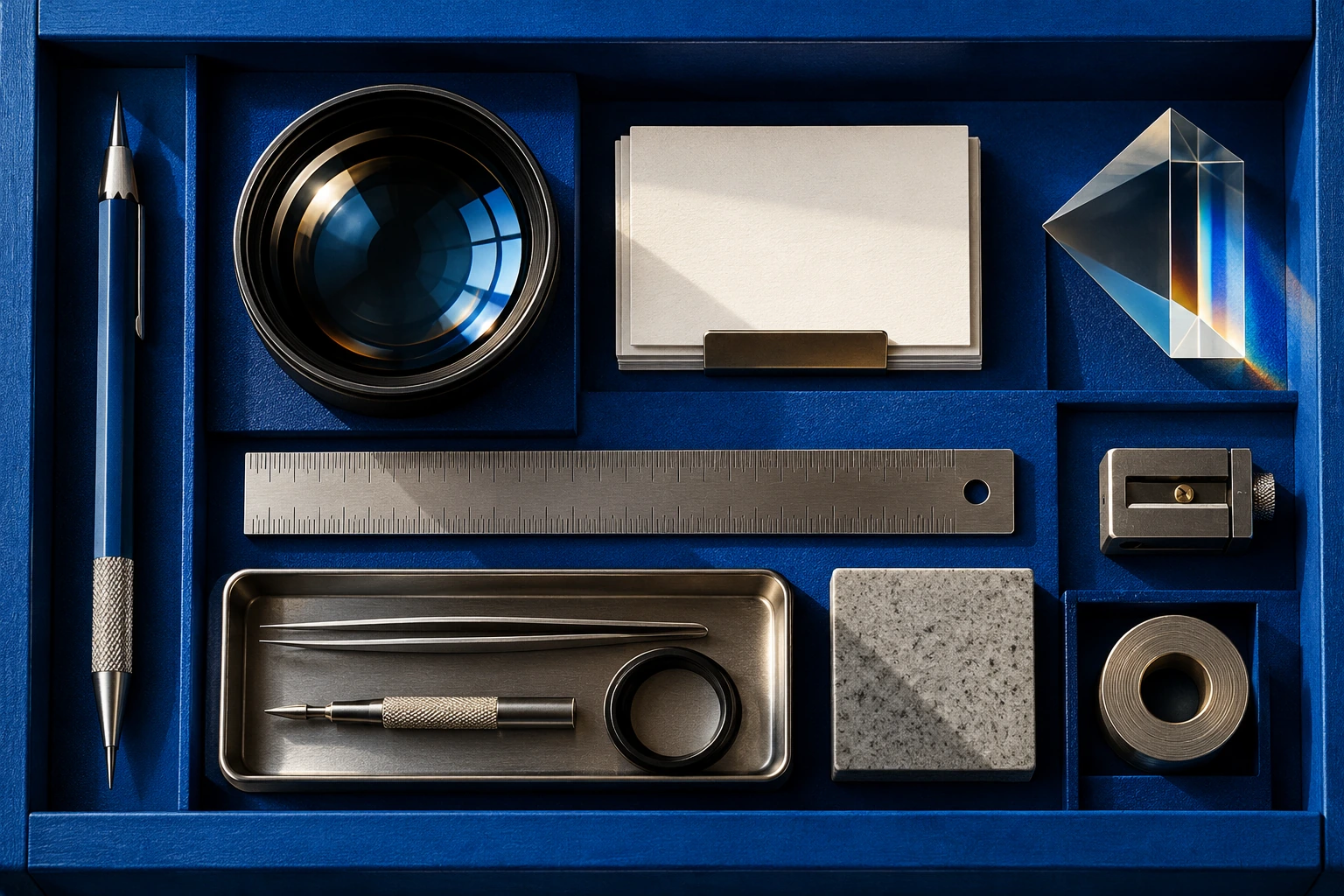 Precision tools, index cards and an optical lens arranged as a conceptual toolkit