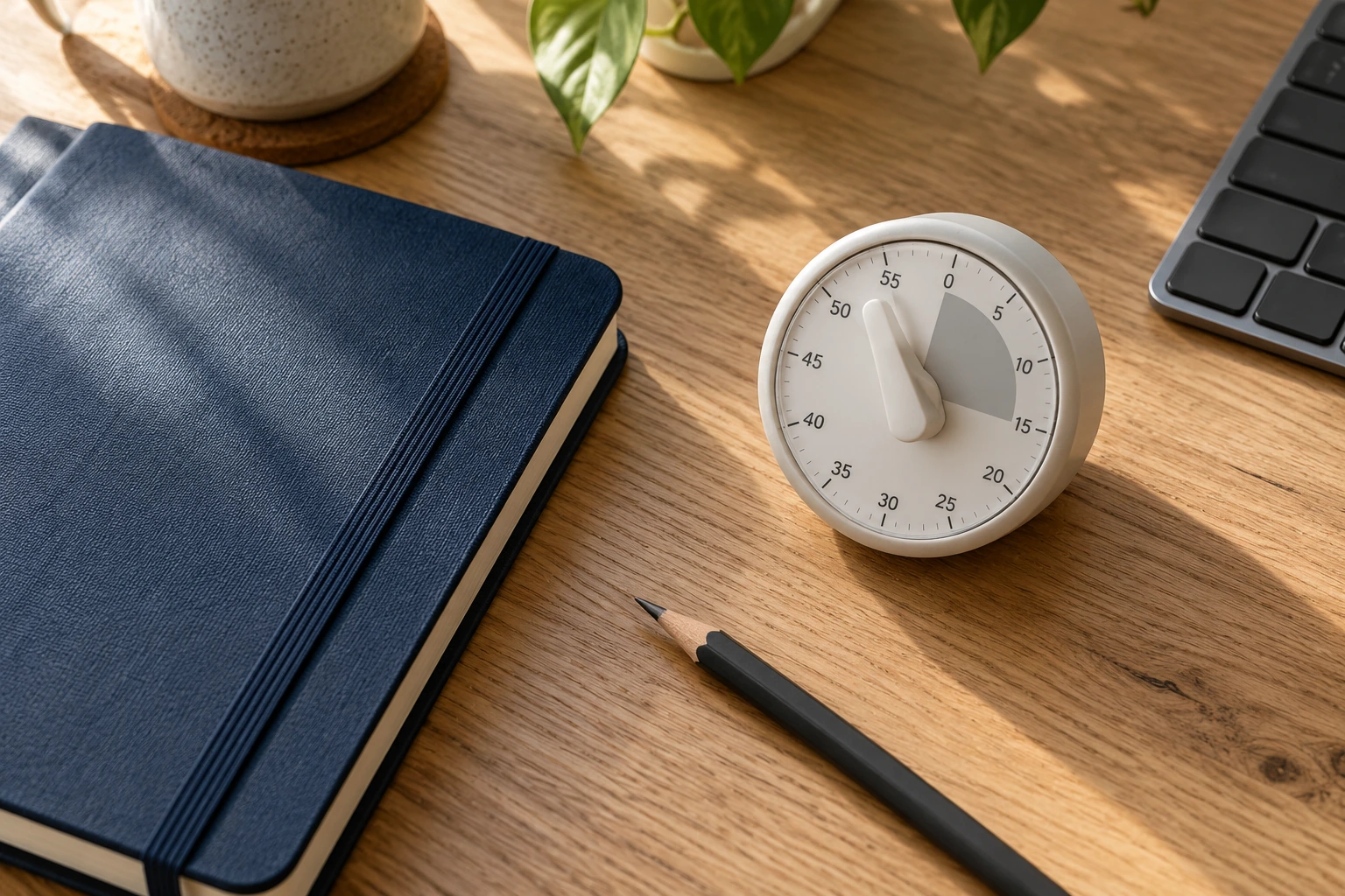 Analogue timer, notebook and pencil beside a keyboard