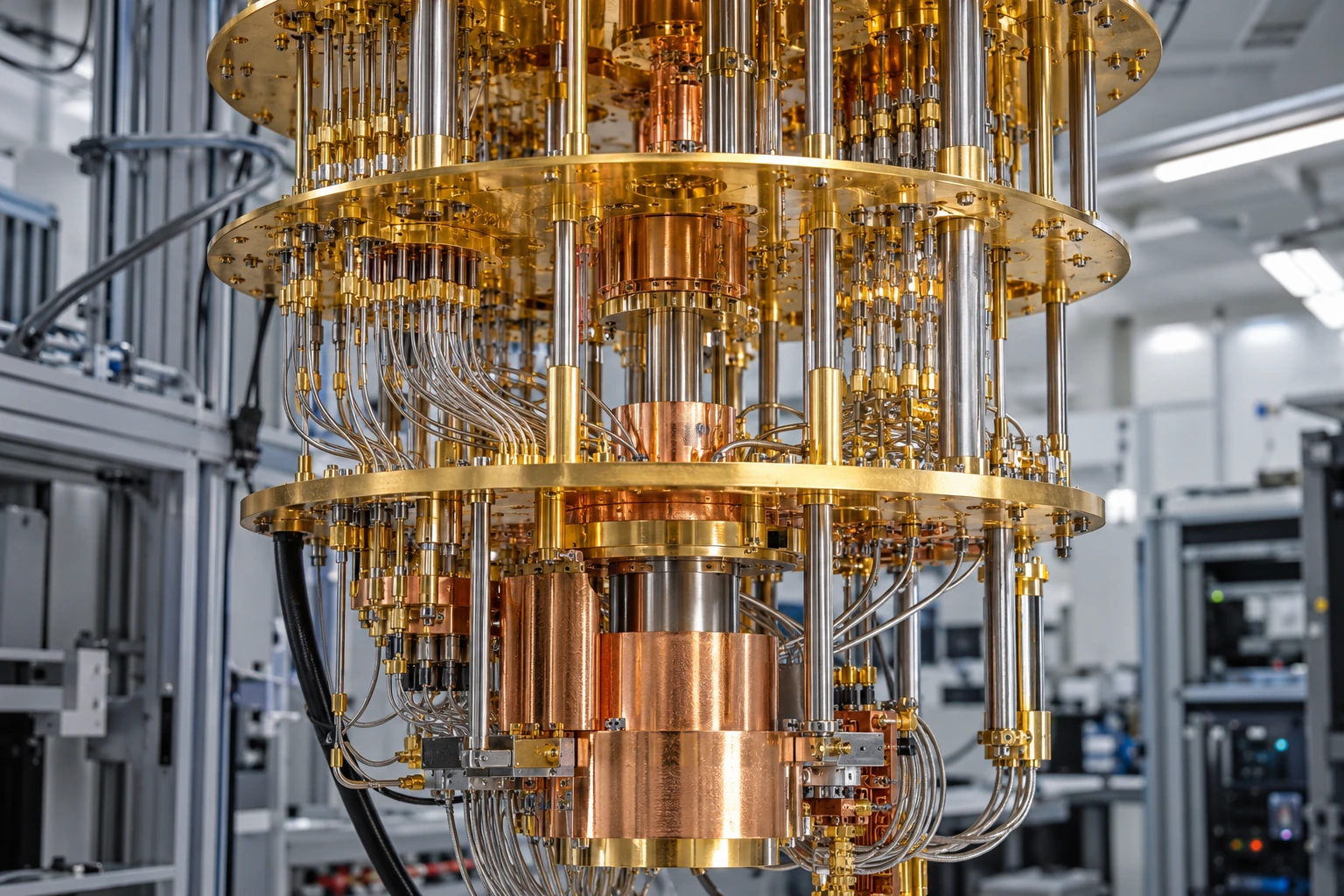 Gold-plated cryogenic research apparatus with delicate wiring in a laboratory
