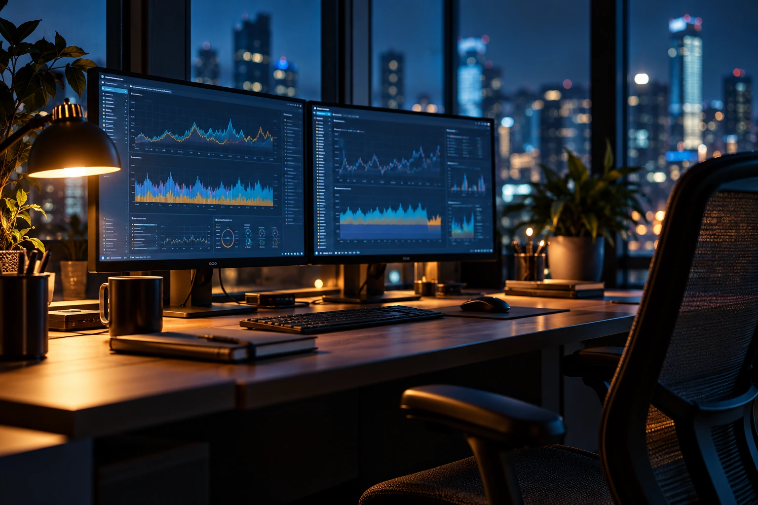 Operations desk with monitoring screens and a warm desk lamp