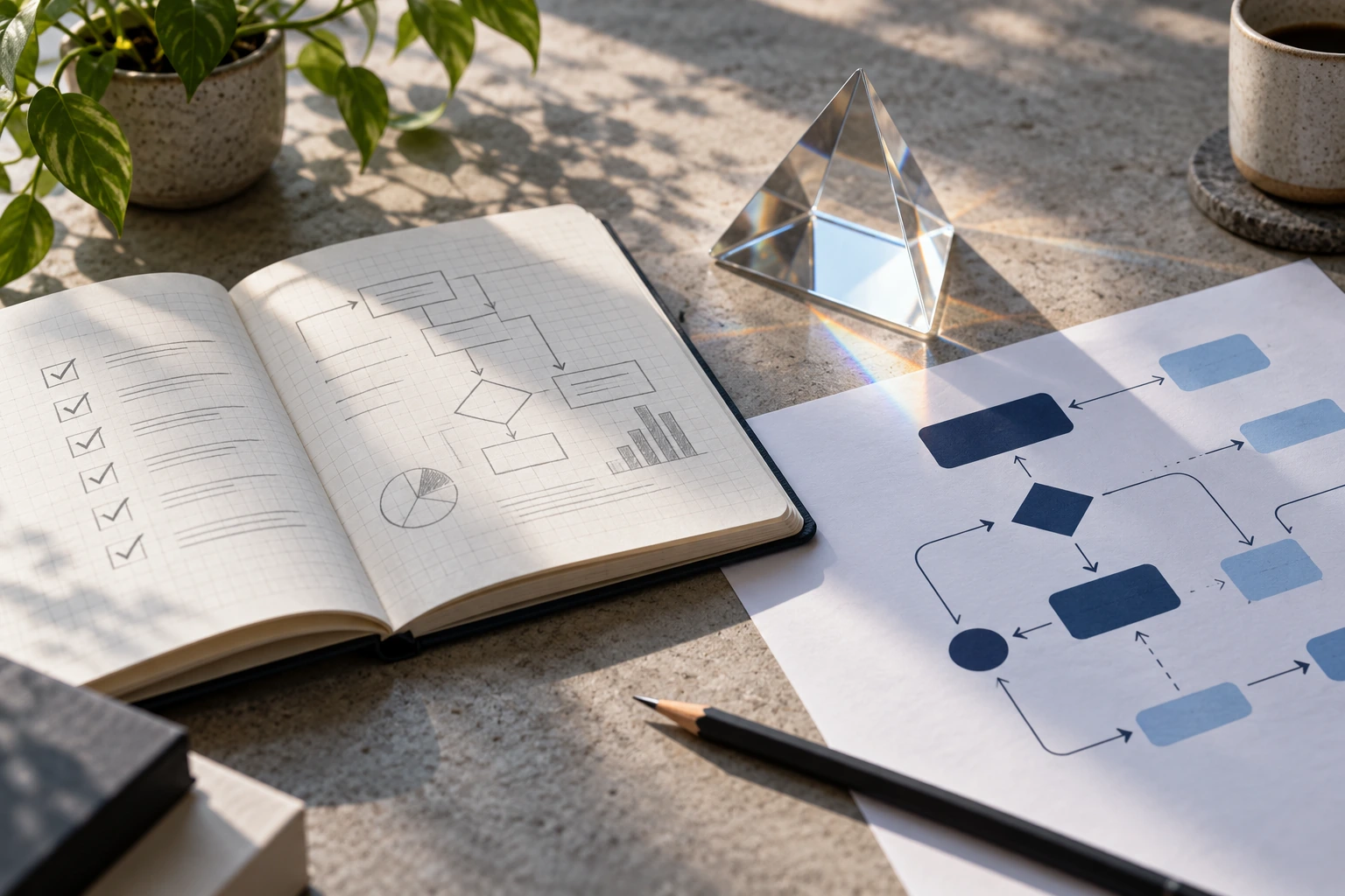 Audit notebook and glass prism beside a printed process flow