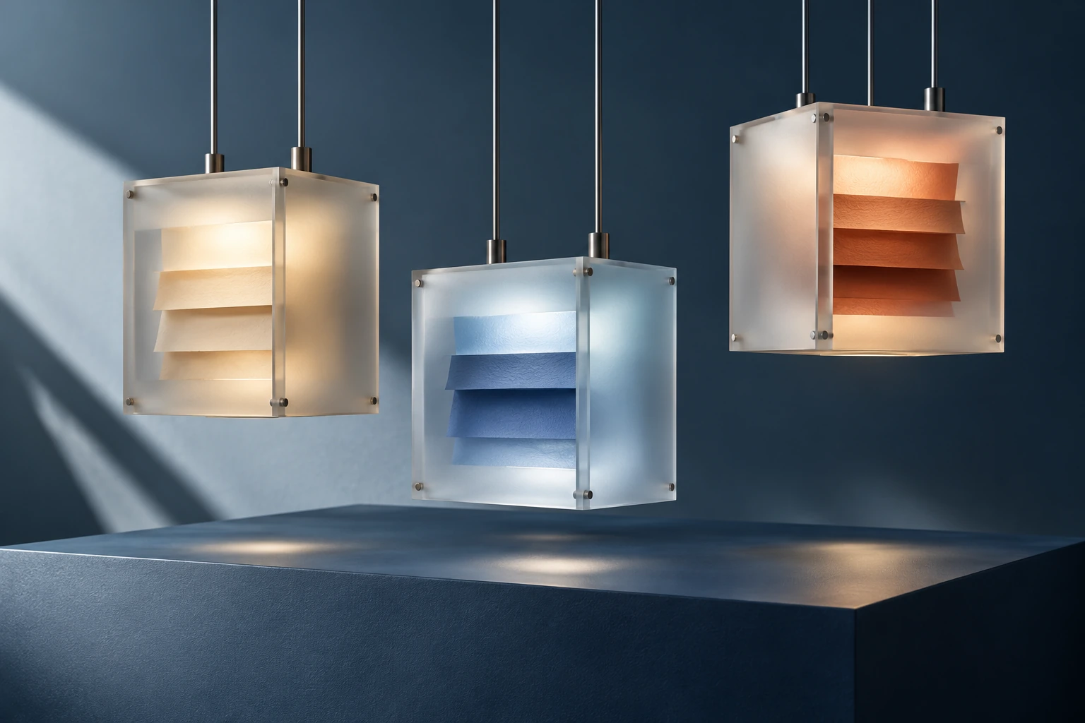 Frosted-glass modules with illuminated paper layers in a studio installation