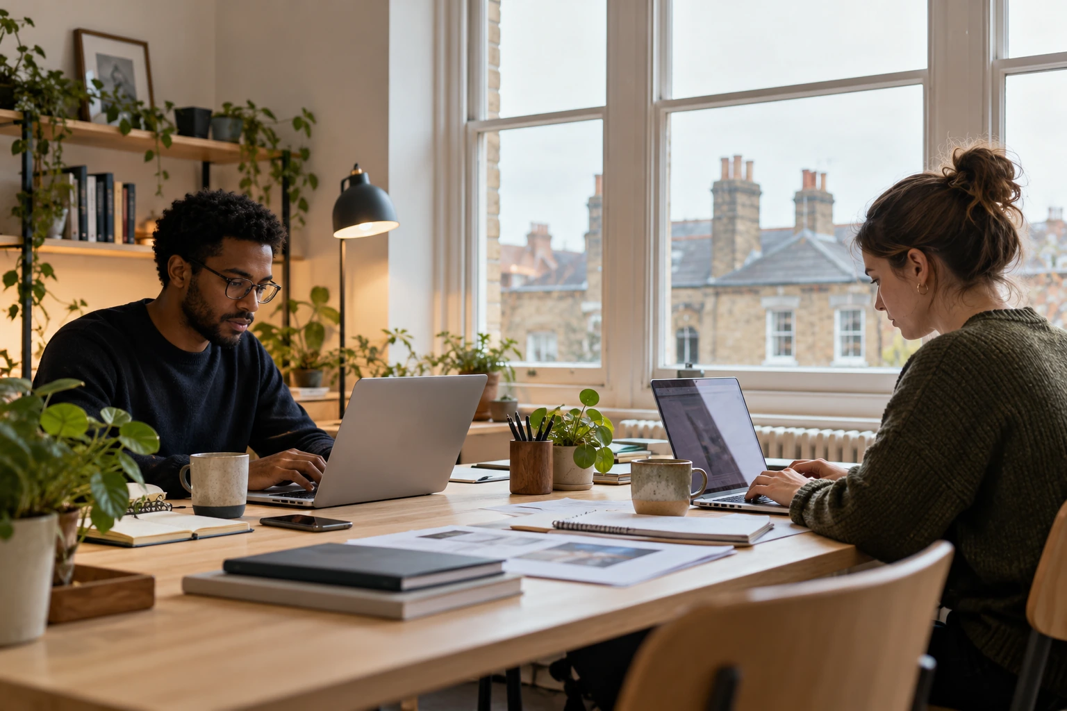 Two colleagues using laptops in a small bright business workspace