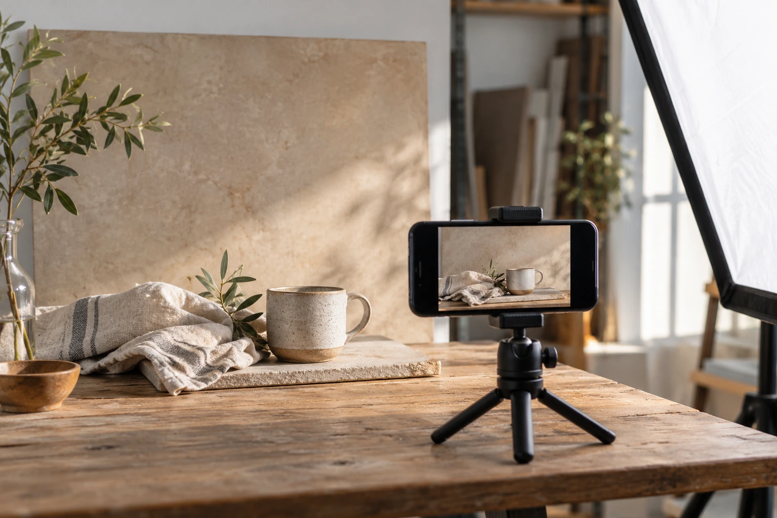 Smartphone on a tripod photographing a ceramic product in a small studio