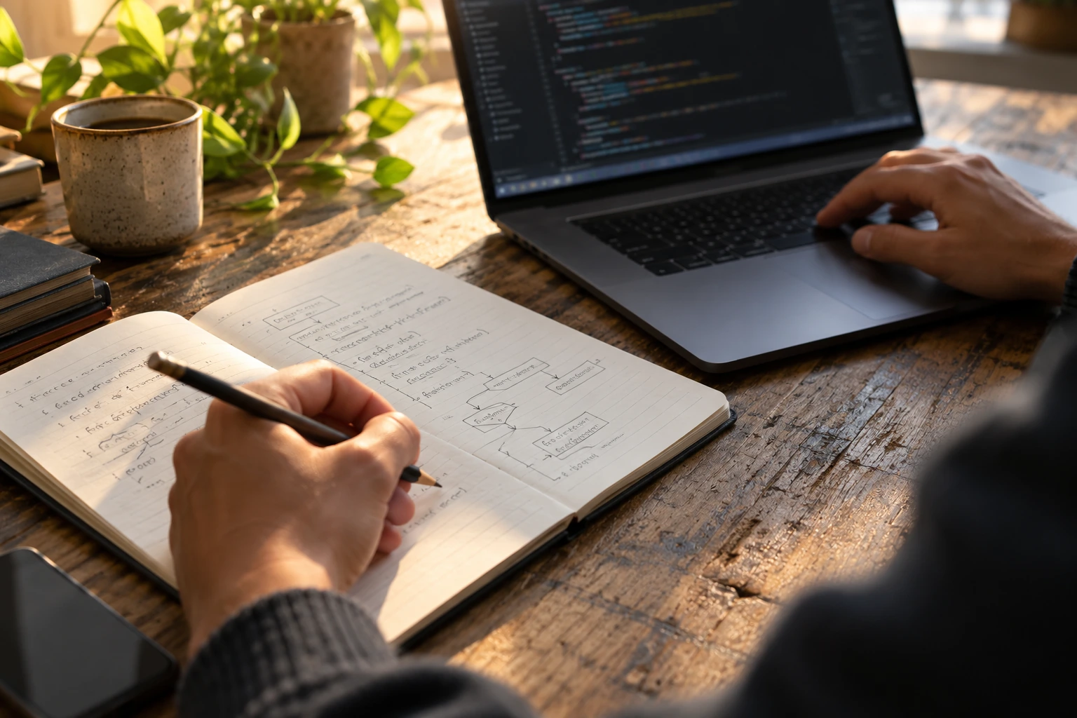 Hands comparing a notebook sketch with code on a laptop