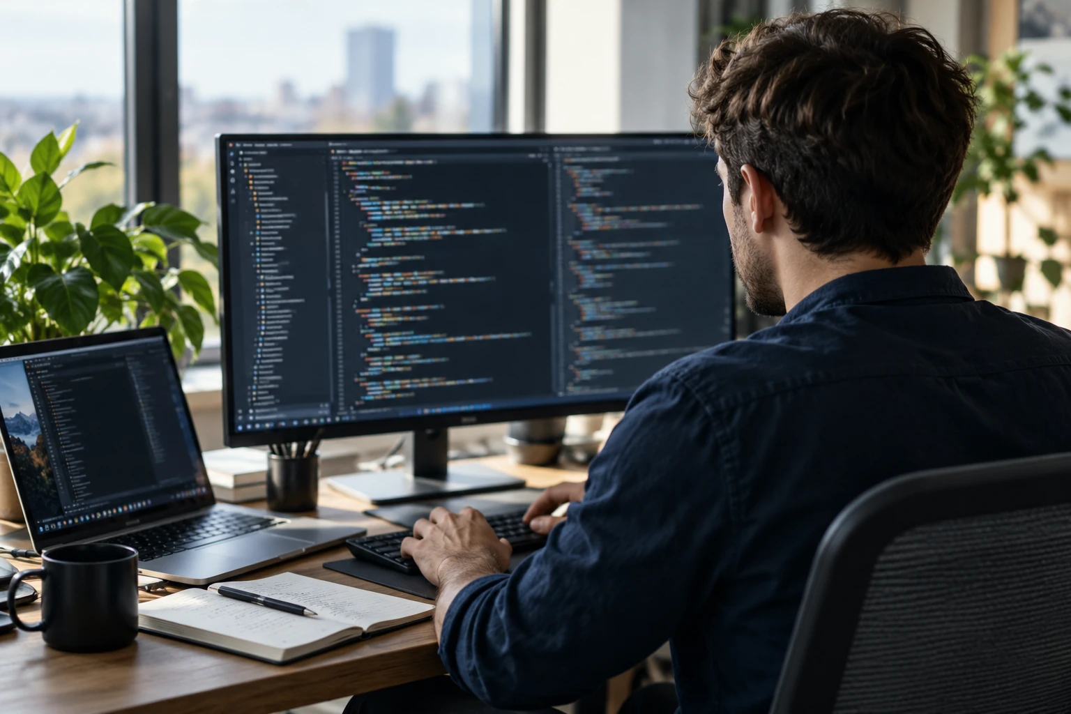 Software engineer working at a monitor in a daylight workspace