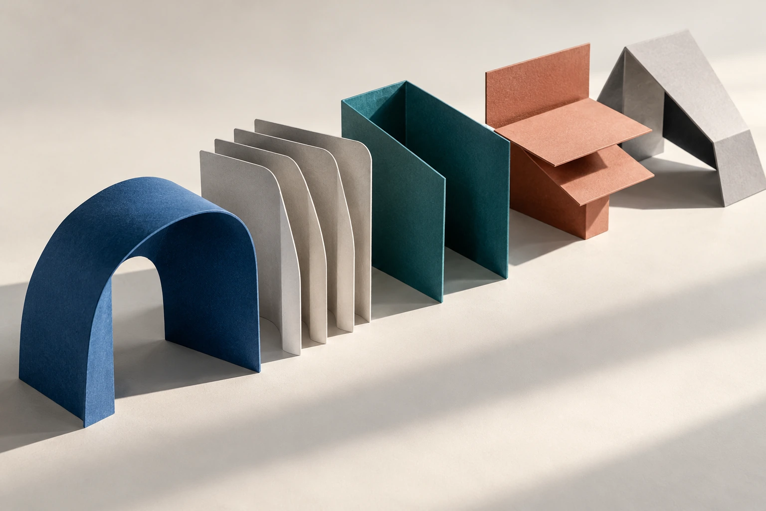 Five distinct paper structures arranged as an architectural technology landscape