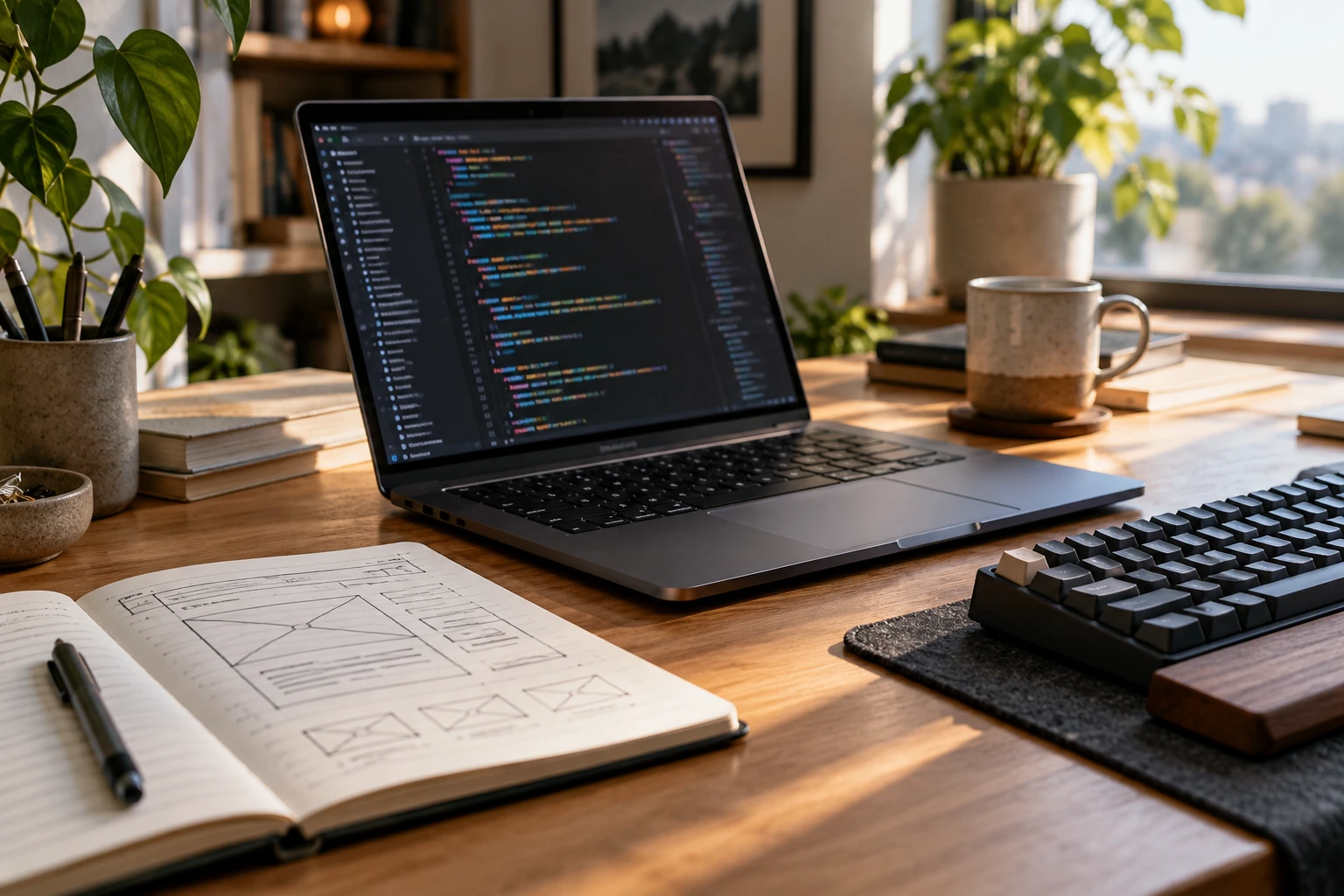 Laptop with a code editor and a notebook of webpage sketches on a sunlit desk